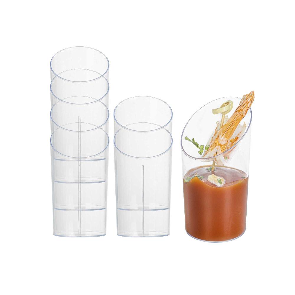 restaurantware Mini Serve 3 oz Round Clear Plastic Incline Shot Glass - 2" x 2" x 3 1/4" - 100 count box