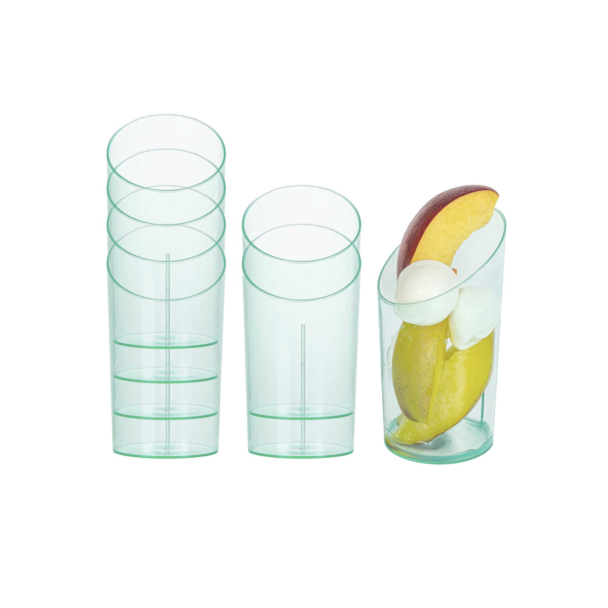 restaurantware Mini Serve 3 oz Round Seagreen Plastic Incline Shot Glass - 2" x 2" x 3 1/4" - 100 count box