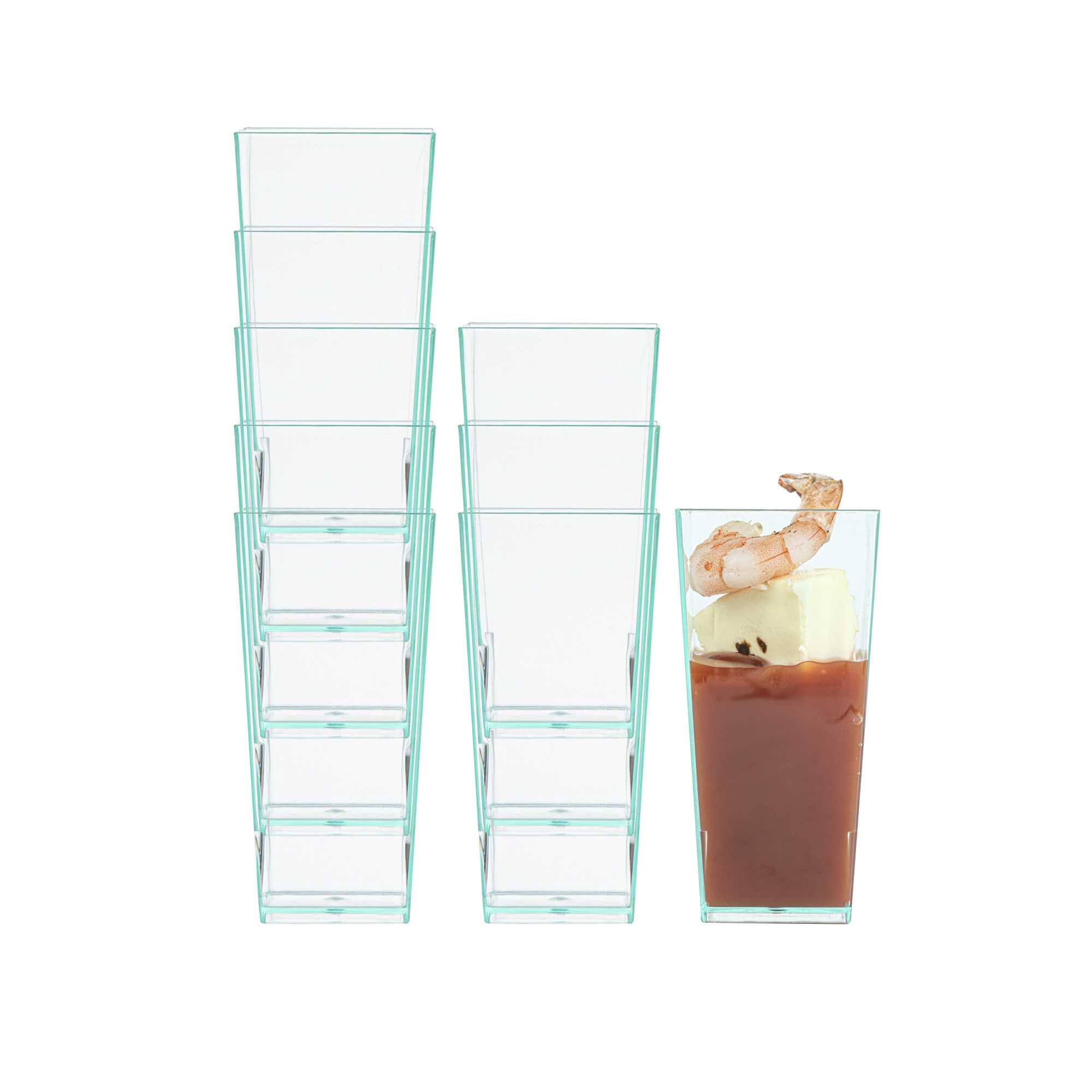 restaurantware Mini Serve 4 oz Square Seagreen Plastic Tall Geometric Cup - 1 1/2" x 1 1/2" x 3 1/4" - 100 count box