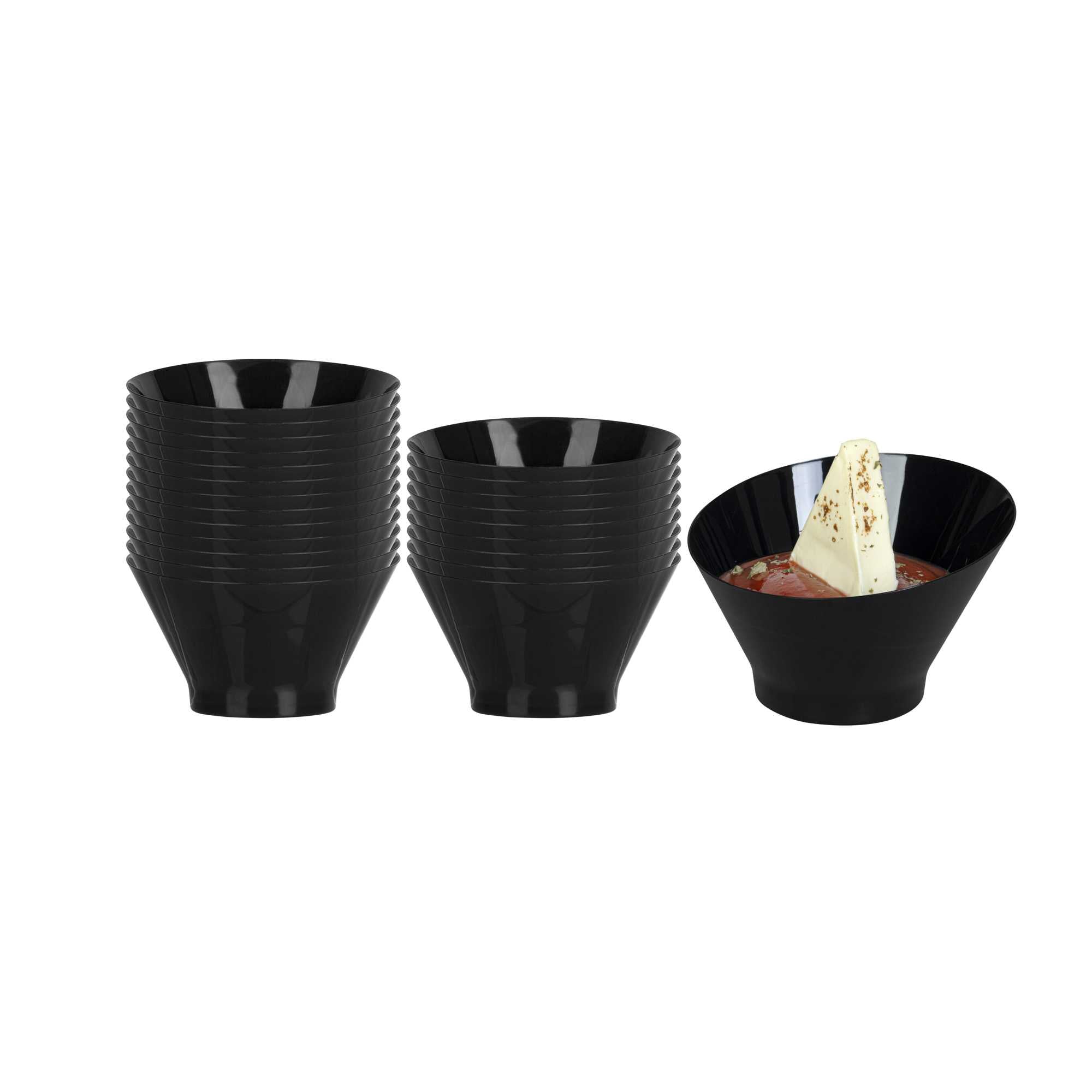 restaurantware Mini Serve 5 oz Round Black Plastic Small Incline Bowl - 3 3/4" x 3 3/4" x 2 1/2" - 100 count box
