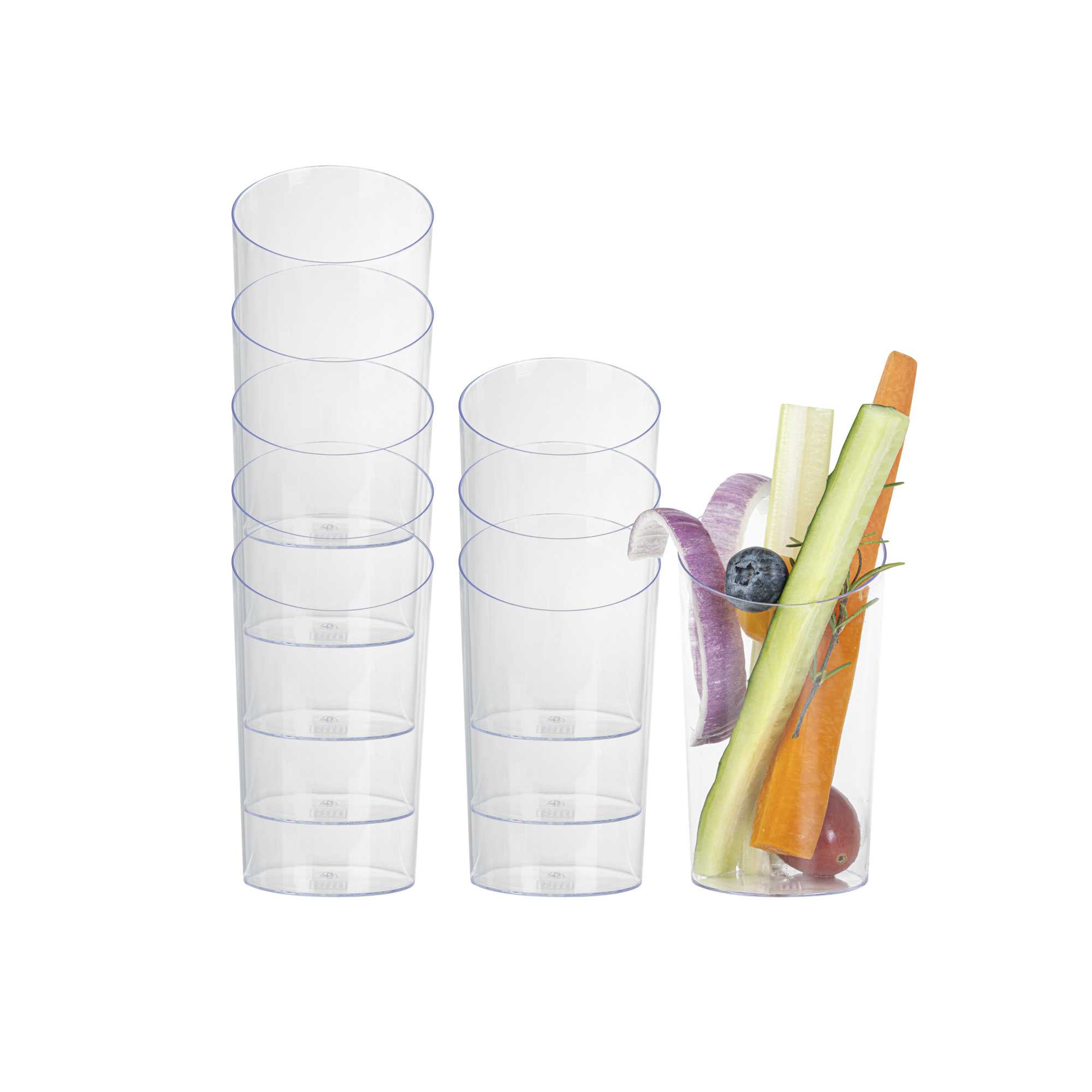 restaurantware Mini Serve 5 oz Round Clear Plastic Large Incline Tube Glass - 2 1/4" x 2 1/4" x 4 1/4" - 100 count box