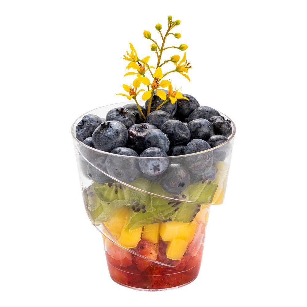 restaurantware Mini Serve 5 oz Round Clear Plastic Mini Flourish Cup - 2 3/4" x 2 3/4" x 2 3/4" - 100 count box