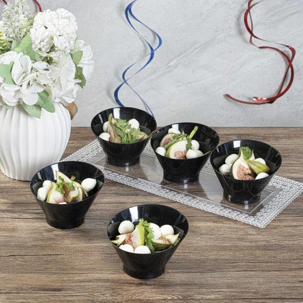 Restaurantware Mini Serve 7 Oz Round Black Plastic Incline Bowl - 4 1/4" X 4 1/4" X 2 3/4" - 100 Count Box