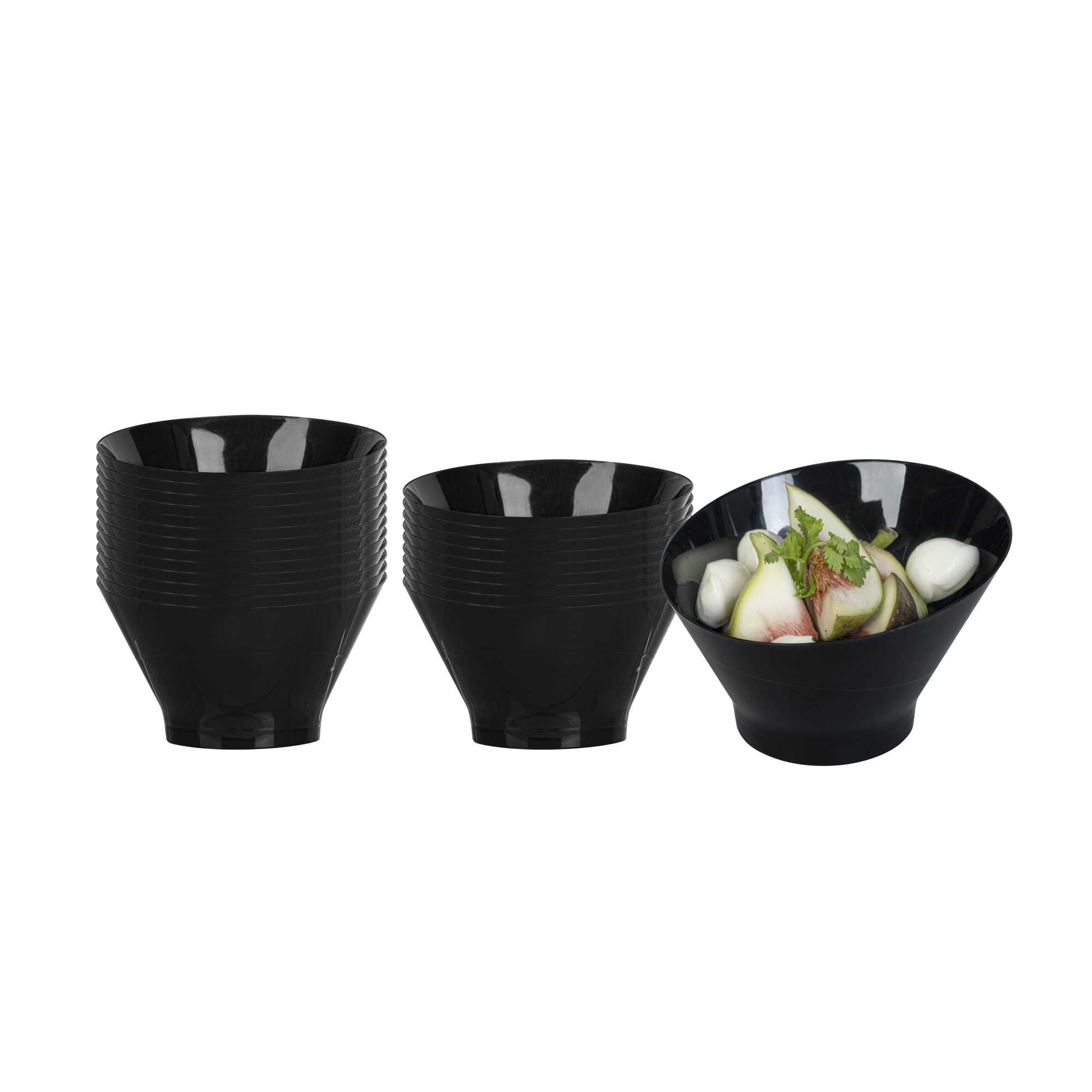 restaurantware Mini Serve 7 oz Round Black Plastic Incline Bowl - 4 1/4" x 4 1/4" x 2 3/4" - 100 count box