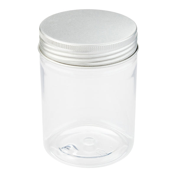 Restaurantware Mini Serve 9 Oz Round Clear Plastic Candy And Snack Jar - With Aluminum Lid - 2 3/4" X 2 3/4" X 3 1/4" - 100 Count Box