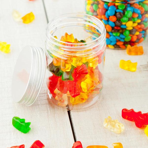 Restaurantware Mini Serve 9 Oz Round Clear Plastic Candy And Snack Jar - With Aluminum Lid - 2 3/4" X 2 3/4" X 3 1/4" - 100 Count Box