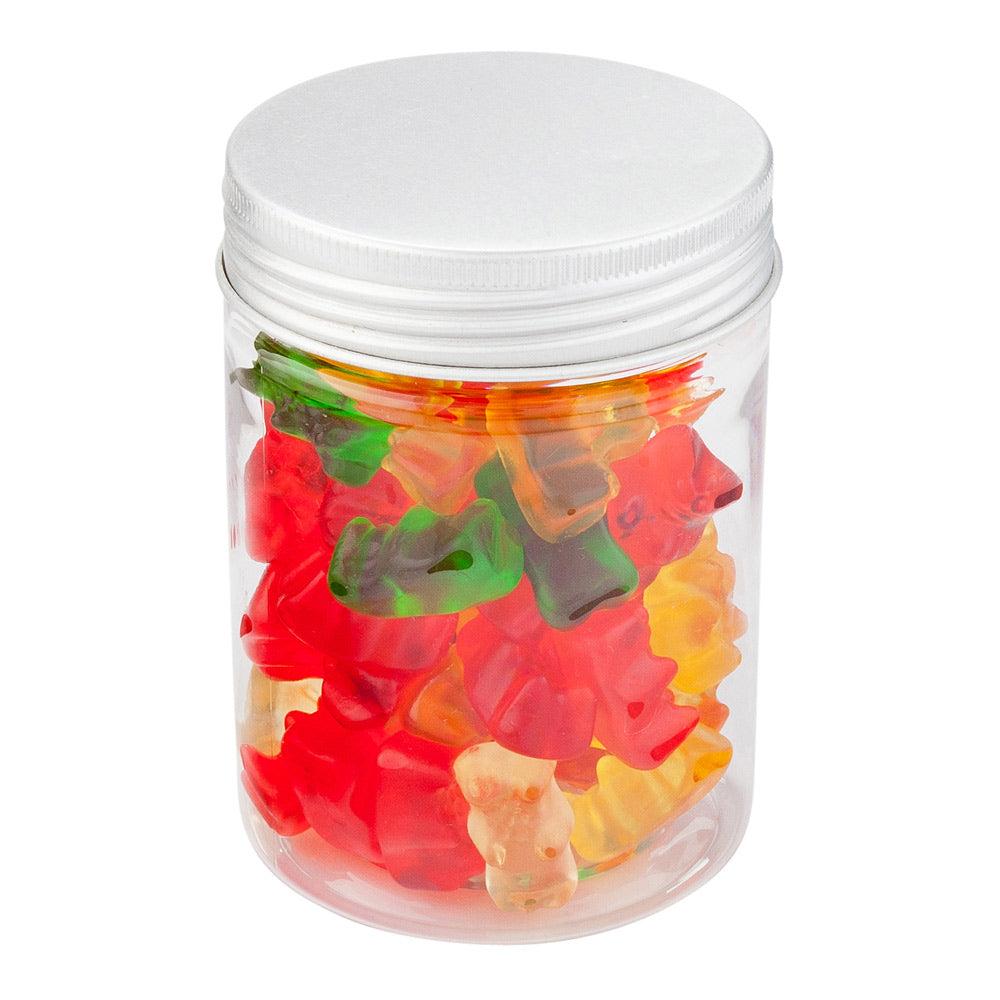 restaurantware Mini Serve 9 oz Round Clear Plastic Candy and Snack Jar - with Aluminum Lid - 2 3/4" x 2 3/4" x 3 1/4" - 100 count box
