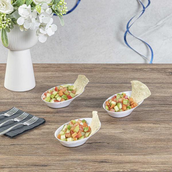 Restaurantware Mini Serve Oval White Plastic Ellipse Dish - 4" X 3" X 1 1/4" - 100 Count Box