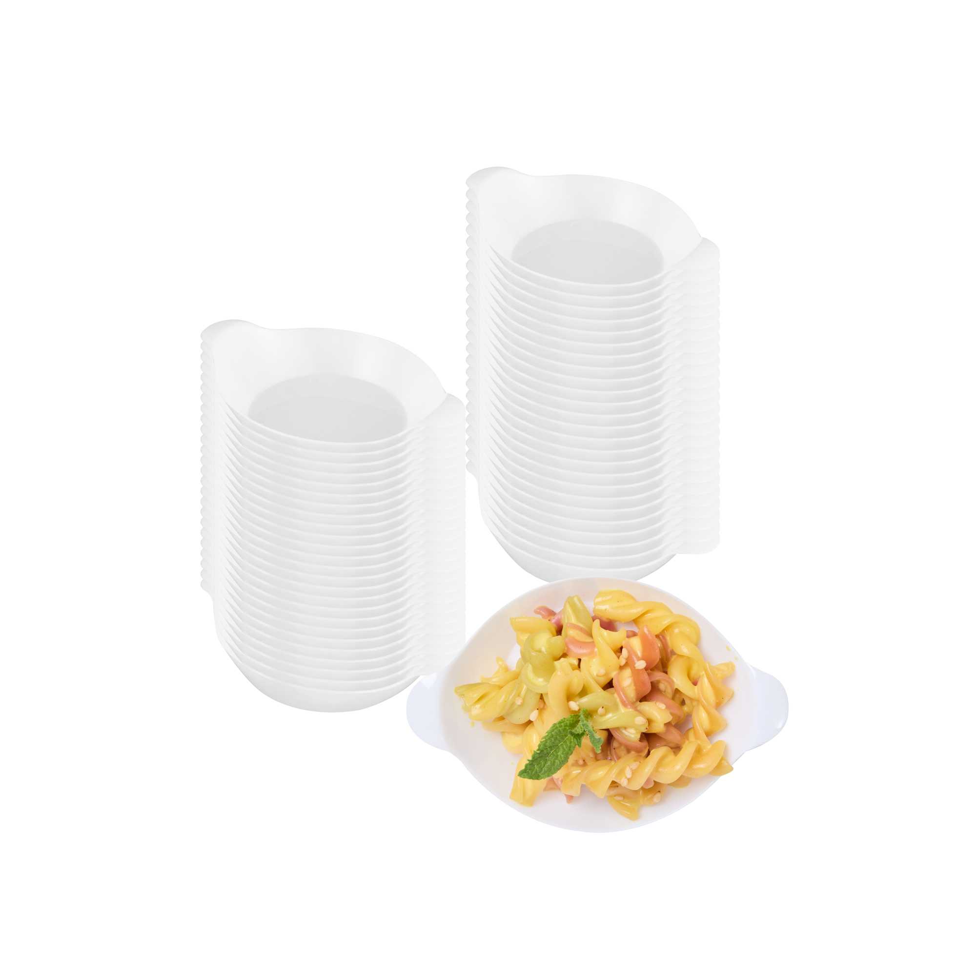 restaurantware Mini Serve Oval White Plastic Mini Handled Plate - 3 3/4" x 2 1/2" - 100 count box