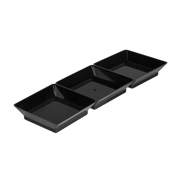 Restaurantware Mini Serve Rectangle Black Plastic Terzetto Mini Plate - 3 Compartments - 7 1/2" X 2 1/2" X 1/2" - 100 Count Box