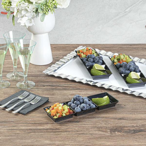 Restaurantware Mini Serve Rectangle Black Plastic Terzetto Mini Plate - 3 Compartments - 7 1/2" X 2 1/2" X 1/2" - 100 Count Box
