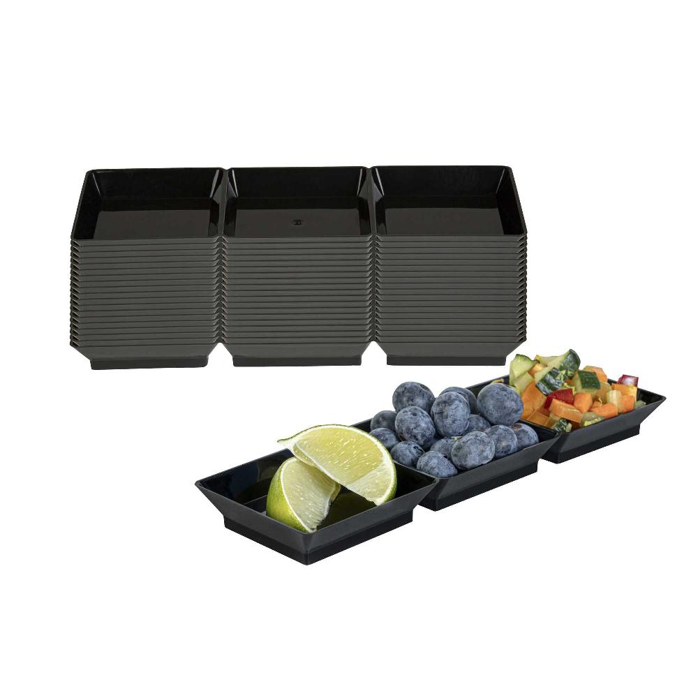 restaurantware Mini Serve Rectangle Black Plastic Terzetto Mini Plate - 3 Compartments - 7 1/2" x 2 1/2" x 1/2" - 100 count box