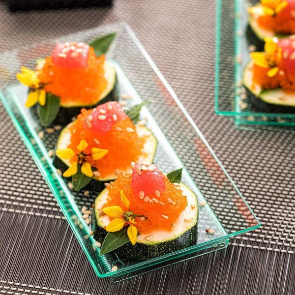 Restaurantware Mini Serve Rectangle Seagreen Plastic Plate - 5" X 2 1/2" X 1/2" - 100 Count Box