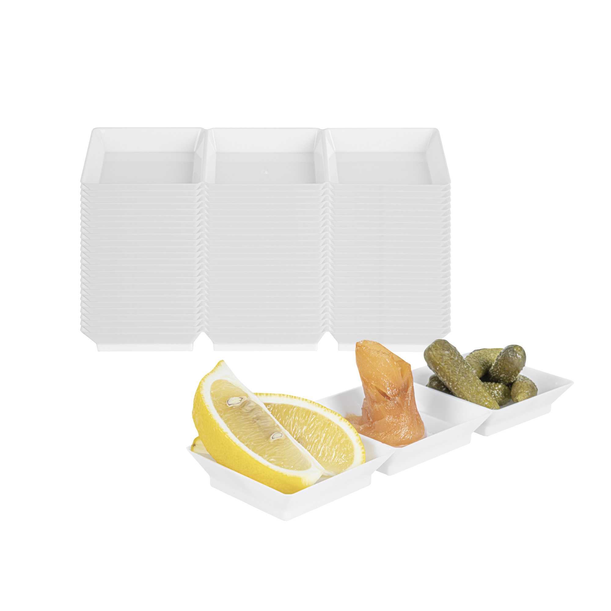 restaurantware Mini Serve Rectangle White Plastic Terzetto Mini Plate - 3 Compartments - 7 1/2" x 2 1/2" x 1/2" - 100 count box