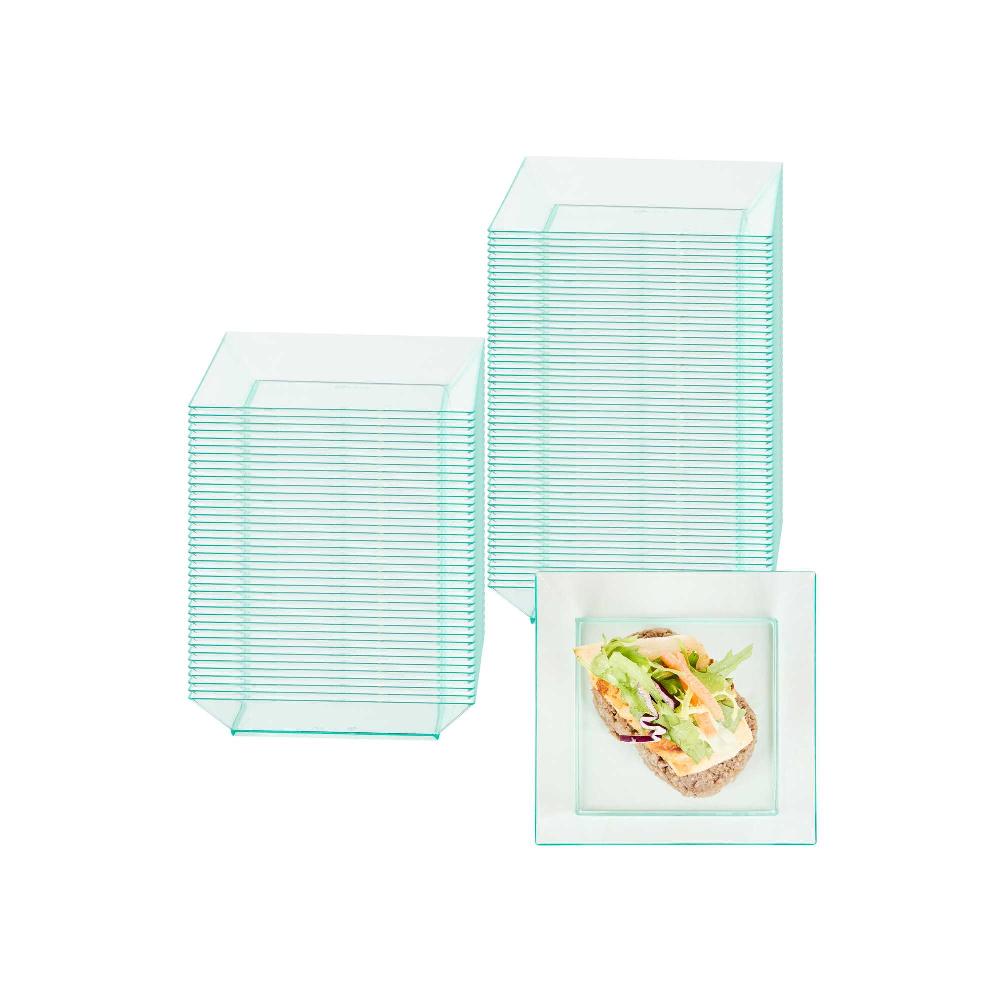restaurantware Mini Serve Square Seagreen Plastic Small Modern Plate - 4" x 4" x 1/2" - 100 count box
