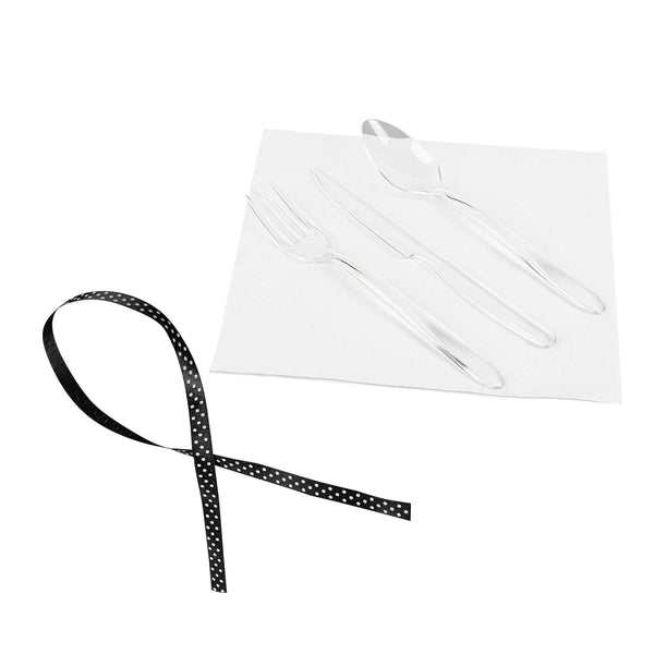 Restaurantware Moderna Clear Plastic Cutlery Set - With White Napkin Polka Dot Ribbon - 7 1/4" X 2" X 1 3/4" - 100 Count Box