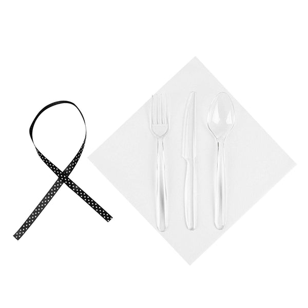 Restaurantware Moderna Clear Plastic Cutlery Set - With White Napkin Polka Dot Ribbon - 7 1/4" X 2" X 1 3/4" - 100 Count Box