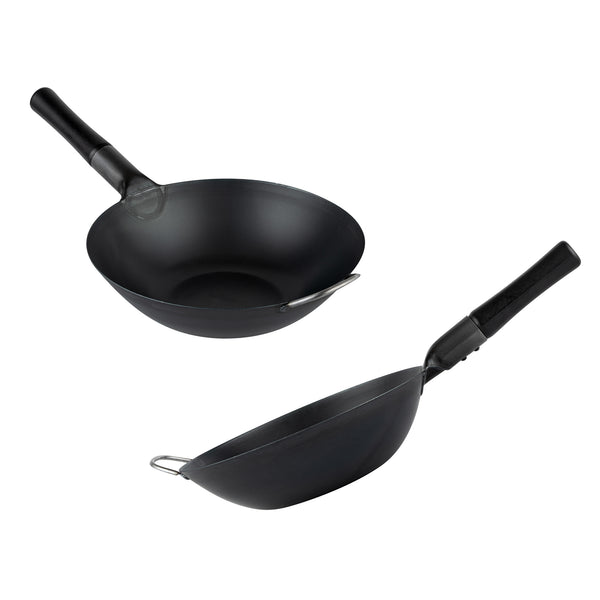 Restaurantware Motomori 12" Black Carbon Steel Flat Bottom Wok / Stir Fry Pan - Pre-seasoned With Wooden Handle - 10 Count Box