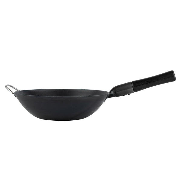 Restaurantware Motomori 12" Black Carbon Steel Flat Bottom Wok / Stir Fry Pan - Pre-seasoned With Wooden Handle - 10 Count Box