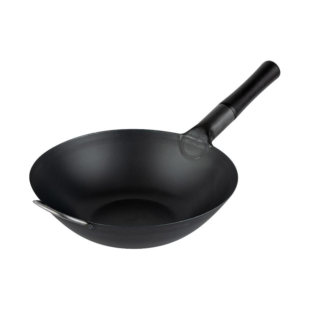 restaurantware Motomori 12" Black Carbon Steel Flat Bottom Wok / Stir Fry Pan - Pre-seasoned with Wooden Handle - 10 count box