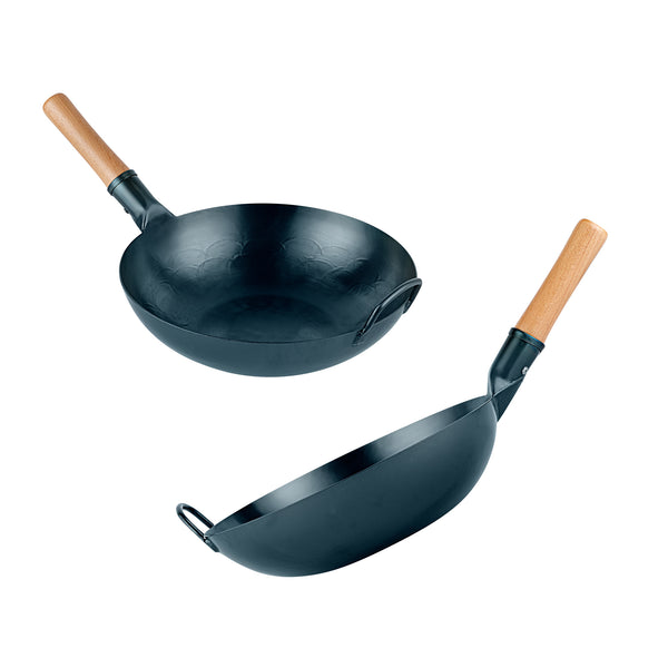 Restaurantware Motomori 12" Blue Carbon Steel Flat Bottom Wok / Stir Fry Pan - Hand Hammered Pre-seasoned With Wooden Handle - 10 Count Box