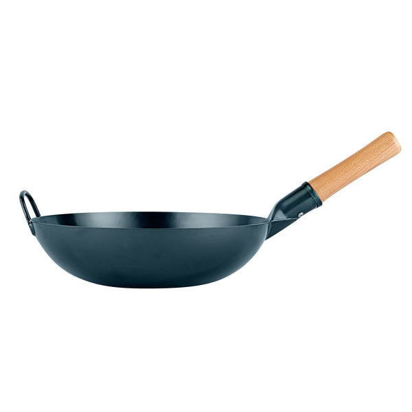 Restaurantware Motomori 12" Blue Carbon Steel Flat Bottom Wok / Stir Fry Pan - Hand Hammered Pre-seasoned With Wooden Handle - 10 Count Box