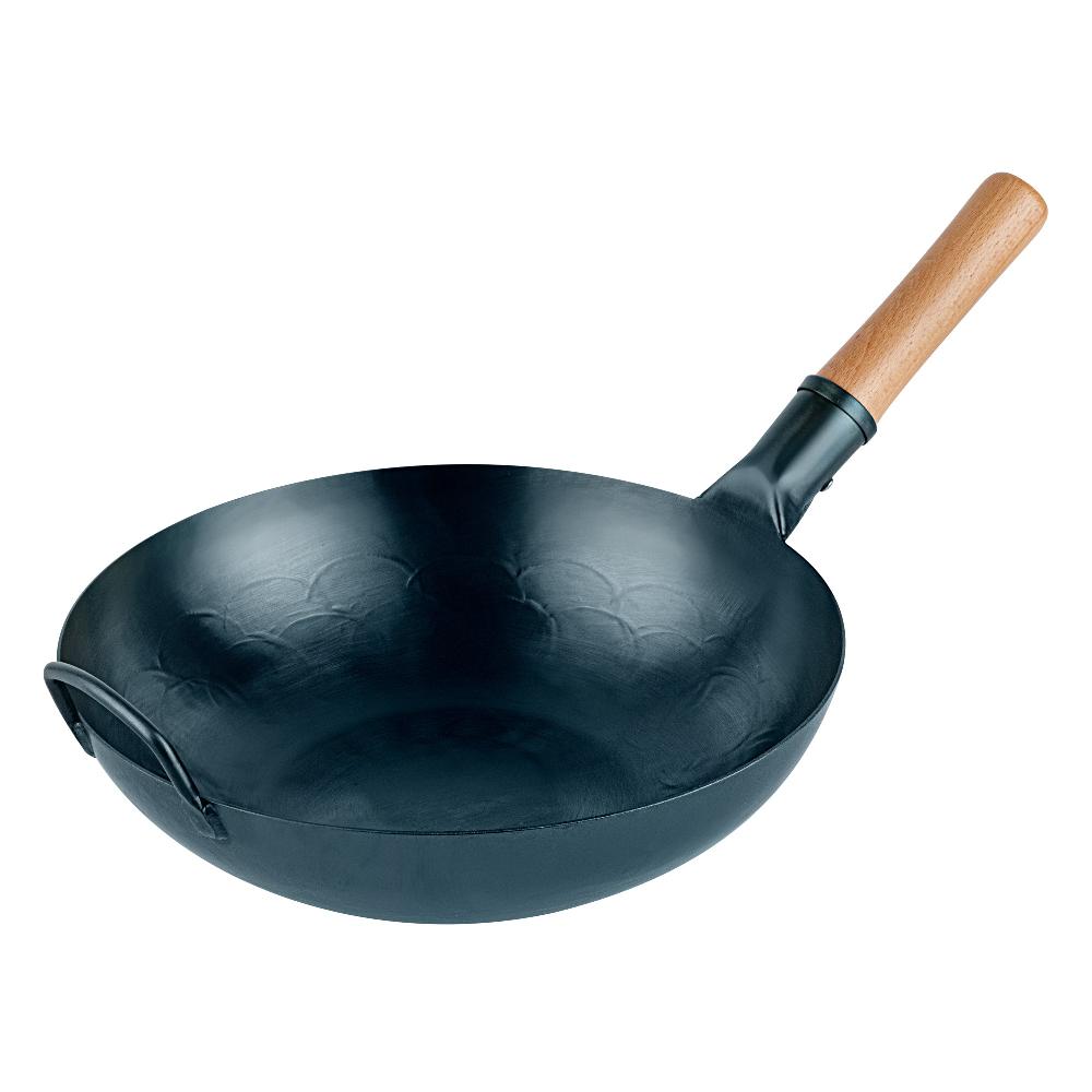 restaurantware Motomori 12" Blue Carbon Steel Flat Bottom Wok / Stir Fry Pan - Hand Hammered Pre-seasoned with Wooden Handle - 10 count box