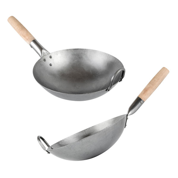 Restaurantware Motomori 12" Carbon Steel Round Bottom Wok / Stir Fry Pan - Hand Hammered With Wooden Handle - 10 Count Box
