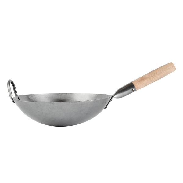 Restaurantware Motomori 12" Carbon Steel Round Bottom Wok / Stir Fry Pan - Hand Hammered With Wooden Handle - 10 Count Box