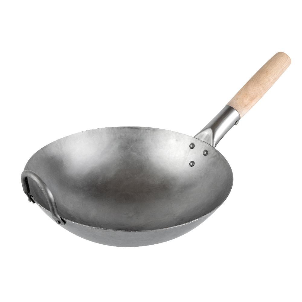restaurantware Motomori 12" Carbon Steel Round Bottom Wok / Stir Fry Pan - Hand Hammered with Wooden Handle - 10 count box