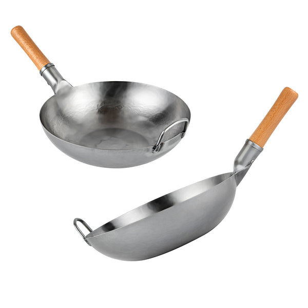 Restaurantware Motomori 13 1/2" Carbon Steel Flat Bottom Wok / Stir Fry Pan - Hand Hammered With Wooden Handle - 10 Count Box