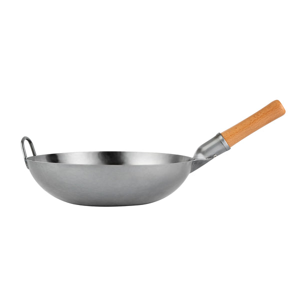 Restaurantware Motomori 13 1/2" Carbon Steel Flat Bottom Wok / Stir Fry Pan - Hand Hammered With Wooden Handle - 10 Count Box