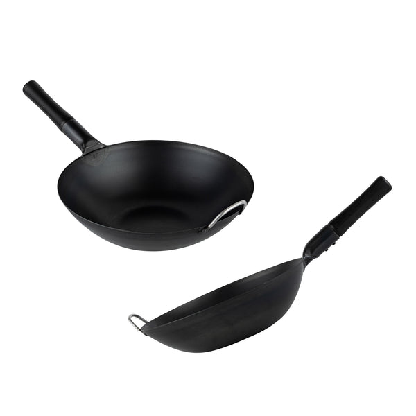 Restaurantware Motomori 14" Black Carbon Steel Flat Bottom Wok / Stir Fry Pan - Pre-seasoned With Wooden Handle - 10 Count Box