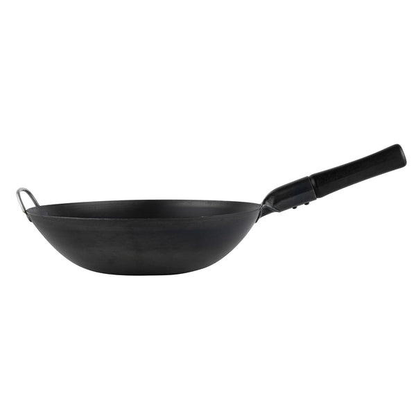 Restaurantware Motomori 14" Black Carbon Steel Flat Bottom Wok / Stir Fry Pan - Pre-seasoned With Wooden Handle - 10 Count Box