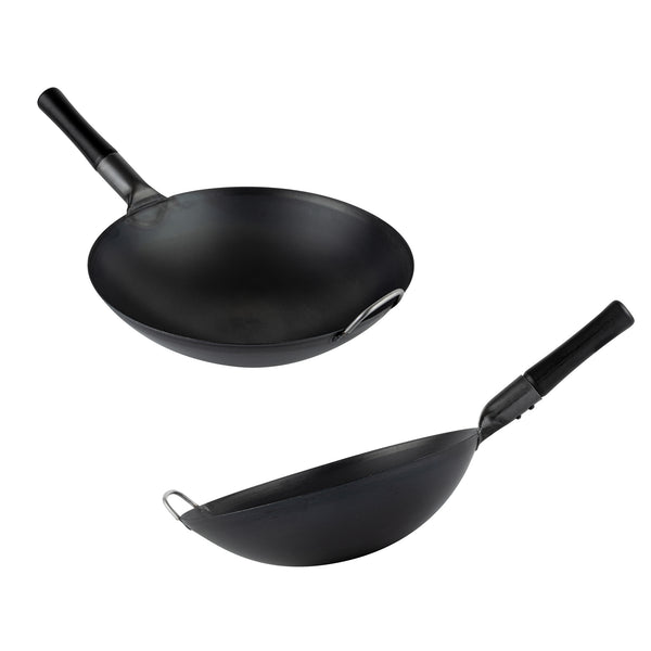 Restaurantware Motomori 14" Black Carbon Steel Round Bottom Wok / Stir Fry Pan - Pre-seasoned With Wooden Handle - 10 Count Box