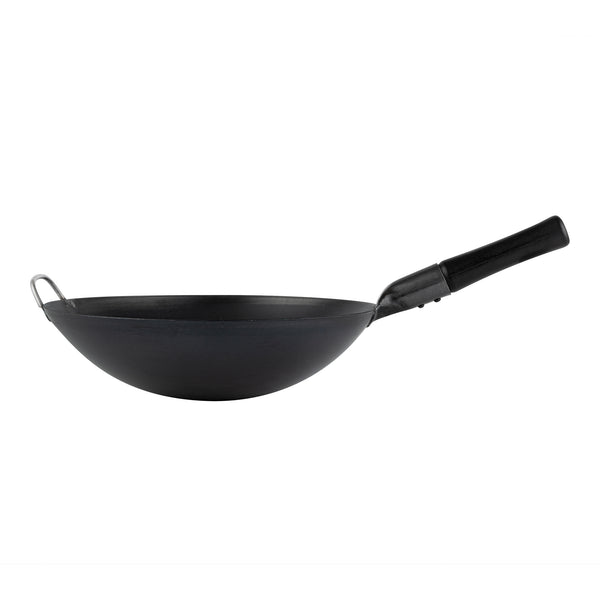 Restaurantware Motomori 14" Black Carbon Steel Round Bottom Wok / Stir Fry Pan - Pre-seasoned With Wooden Handle - 10 Count Box