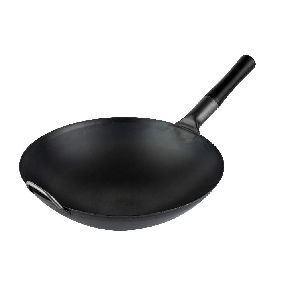 restaurantware Motomori 14" Black Carbon Steel Round Bottom Wok / Stir Fry Pan - Pre-seasoned with Wooden Handle - 10 count box
