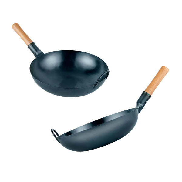 Restaurantware Motomori 14" Blue Carbon Steel Flat Bottom Wok / Stir Fry Pan - Hand Hammered Pre-seasoned With Wooden Handle - 10 Count Box