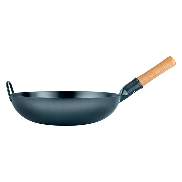Restaurantware Motomori 14" Blue Carbon Steel Flat Bottom Wok / Stir Fry Pan - Hand Hammered Pre-seasoned With Wooden Handle - 10 Count Box