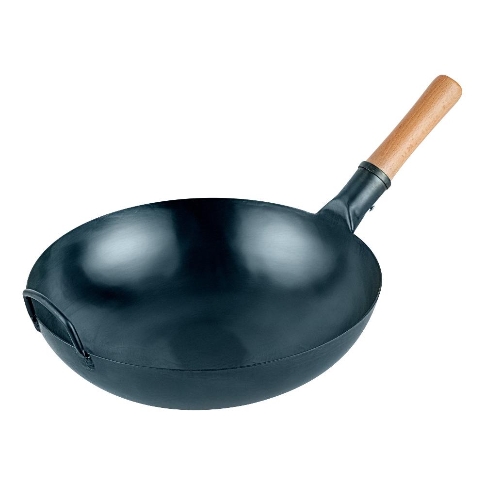 restaurantware Motomori 14" Blue Carbon Steel Flat Bottom Wok / Stir Fry Pan - Hand Hammered Pre-seasoned with Wooden Handle - 10 count box