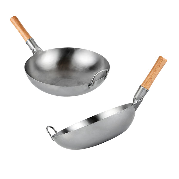 Restaurantware Motomori 14" Carbon Steel Flat Bottom Wok / Stir Fry Pan - Hand Hammered With Wooden Handle - 10 Count Box