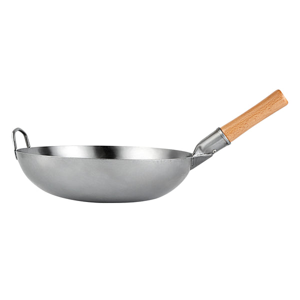 Restaurantware Motomori 14" Carbon Steel Flat Bottom Wok / Stir Fry Pan - Hand Hammered With Wooden Handle - 10 Count Box