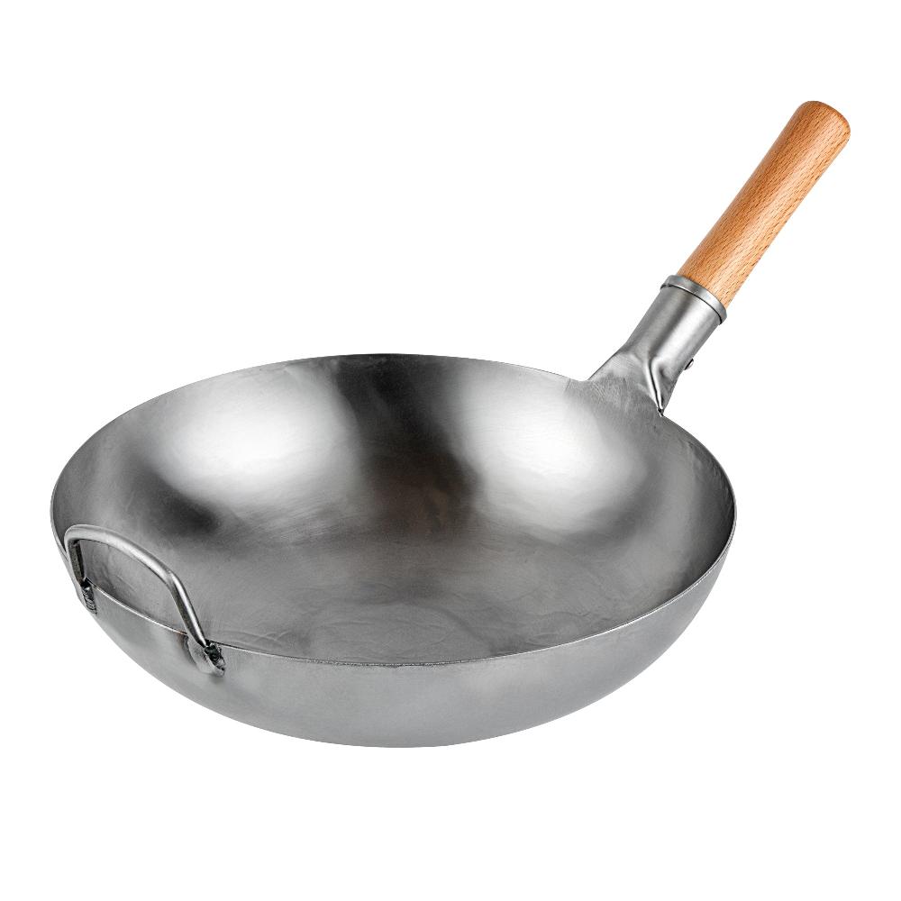 restaurantware Motomori 14" Carbon Steel Flat Bottom Wok / Stir Fry Pan - Hand Hammered with Wooden Handle - 10 count box