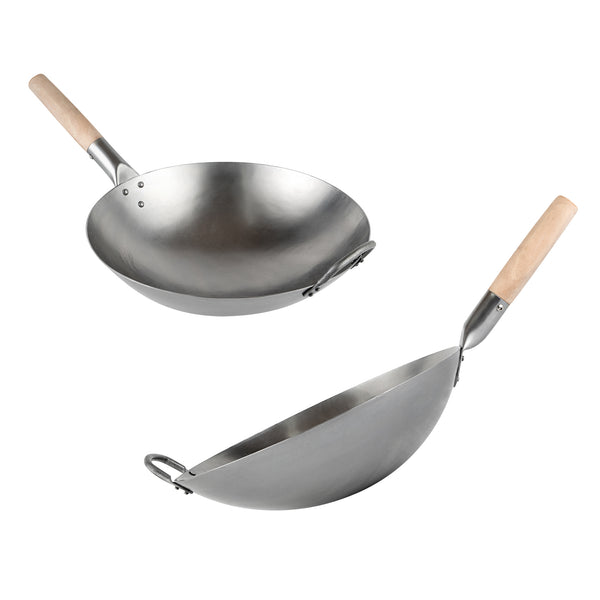 Restaurantware Motomori 14" Carbon Steel Round Bottom Wok / Stir Fry Pan - Hand Hammered With Wooden Handle - 10 Count Box