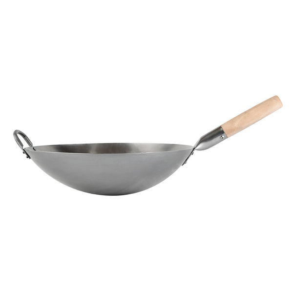 Restaurantware Motomori 14" Carbon Steel Round Bottom Wok / Stir Fry Pan - Hand Hammered With Wooden Handle - 10 Count Box