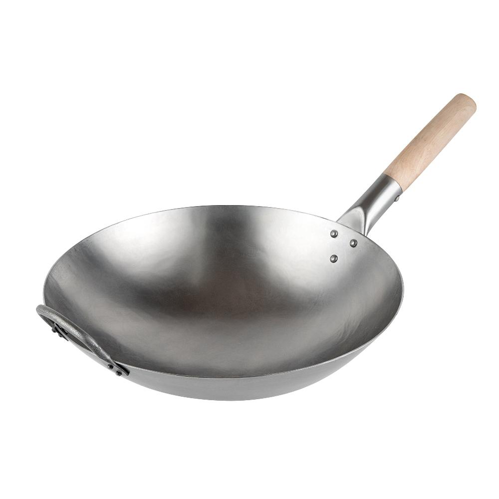 restaurantware Motomori 14" Carbon Steel Round Bottom Wok / Stir Fry Pan - Hand Hammered with Wooden Handle - 10 count box