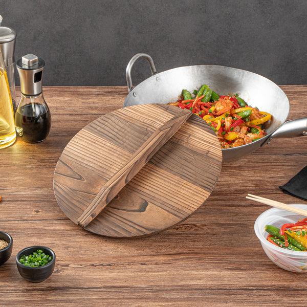 Restaurantware Motomori Handmade Wood Lid - Fits 12" And 14" Wok - 10 Count Box