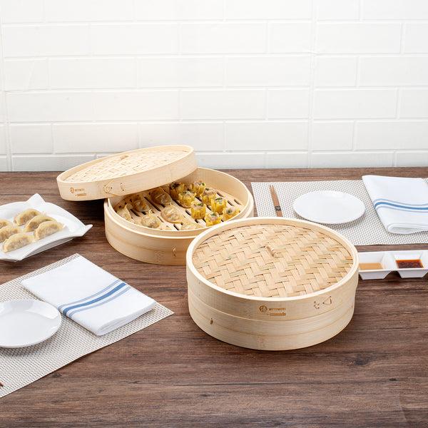 Restaurantware Motomori Round Natural Bamboo Steamer - 12'' X 12'' X 4'' - 10 Count Box