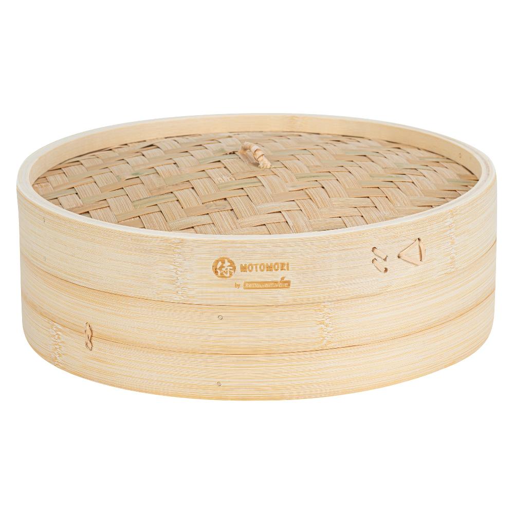 restaurantware Motomori Round Natural Bamboo Steamer - 12'' x 12'' x 4'' - 10 count box
