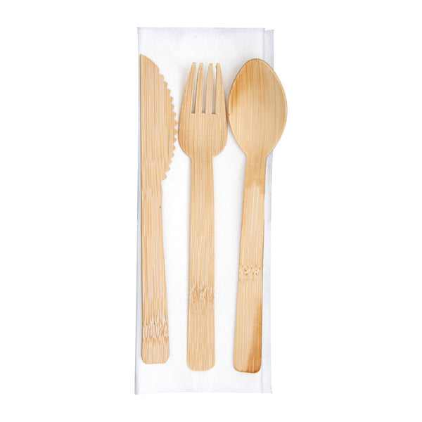 Restaurantware Natural Bamboo Flatware Set - With White Napkin - 6 3/4" X 3 1/4" X 3/4" - 100 Count Box